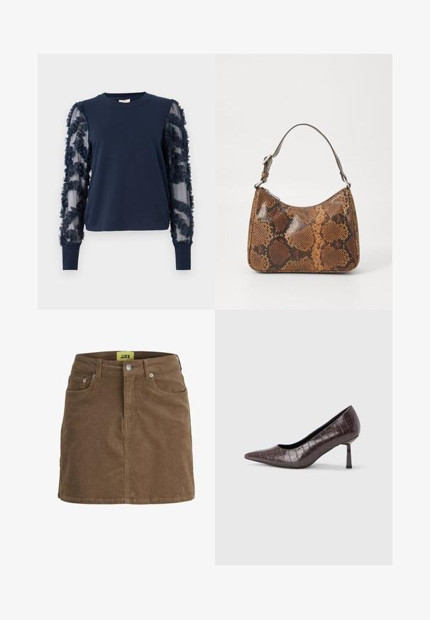 Marineblå sweatshirt med lange ærmer og voluminøse, gennemsigtige ærmer. Blødt stof, tætsiddende manchetter og blomsterdekorationer på ærmerne. Rund halsudskæring.; Brun fløjlsnederdel med frontknapper og lynlås, bæltestropper og forlommer, med gul JJXX-mærkat indeni linningen.; Brune kunstlæder stiletter med spidse tæer og krokodilletekstur, der har en slank, vinklet hæl og en glat inderside.; Lille håndtaske med brun og sort slangeskinn mønster, kort justerbar rem og lynlåslukning.