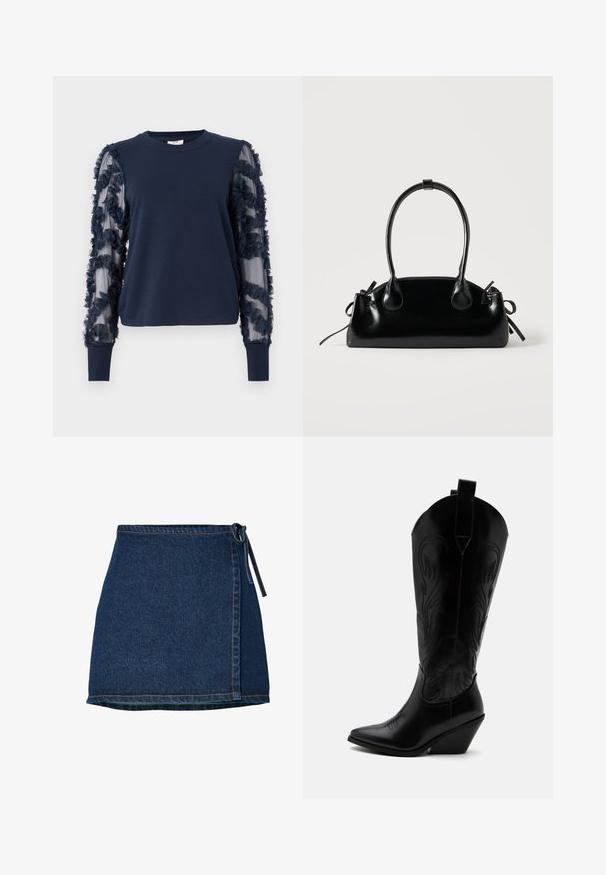 Sudadera de manga larga de color navy con mangas transparentes y con volantes. Tejido suave, puños ajustados y adornos florales en las mangas. Cuello redondo.; Falda de mezclilla con diseño envolvente, de color azul oscuro y cinturilla anudada. Presenta detalles de costura a lo largo del dobladillo y la costura lateral.; Bota de vaquero de cuero negro con punta puntiaguda, tacón bloqueado inclinado, costuras decorativas y lengüetas en la parte superior sobre fondo blanco.; Pequeño bolso negro brillante con dos asas largas y detalles de cordón lateral sobre un fondo claro liso.