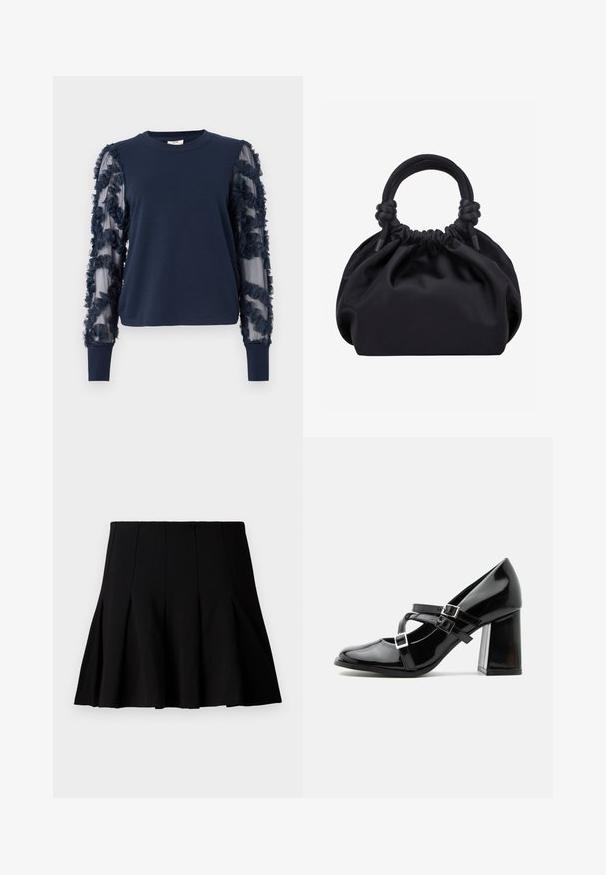 Sweatshirt bleu marine à manches longues avec des manches transparentes à volants. Tissu doux, poignets ajustés et embellissements floraux sur les manches. Encolure ronde.; Jupe noire courte plissée en tissu lisse. Dispose d'une taille élastique et d'une silhouette évasée qui s'étend jusqu'au milieu de la cuisse.; Chaussure à talon haut style Mary Jane noire brillante avec trois brides à boucle et un talon bloc épais, vue de profil sur fond blanc.; Sac à main en tissu noir doux avec haut froncé et poignées circulaires rembourrées nouées de chaque côté.