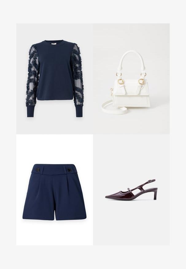 Sweatshirt bleu marine à manches longues avec des manches transparentes à volants. Tissu doux, poignets ajustés et embellissements floraux sur les manches. Encolure ronde.; Shorts ajustés bleu marine en tissu léger, avec deux plis devant et deux boutons noirs à la taille.; Chaussure slingback en cuir verni bordeaux avec bout pointu, talon bas et double bride à boucle réglable.; Sac à main en simili cuir blanc avec un design structuré, des accents en métal doré, deux poignées supérieures et une bandoulière réglable.