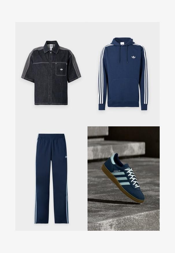 Mørkeblå hættetrøje med hvidt tre-stribet design på ærmerne, front-kængurulomme og lille hvidt brandlogo på brystet.; Kortærmet mørk denimskjorte med hvide triple striber på ærmerne, brystlomme, sølvknap og Adidas trefoil-logo på lommen.; Mørkeblå Adidas træningsbukser med lyseblå tre striber ned langs siderne og elastisk talje, vist fladt på hvid baggrund.; Blå Adidas Spezial sneaker med hvide striber og snørebånd, gummisål, svævende over en ru betongoverflade og trin i baggrunden.