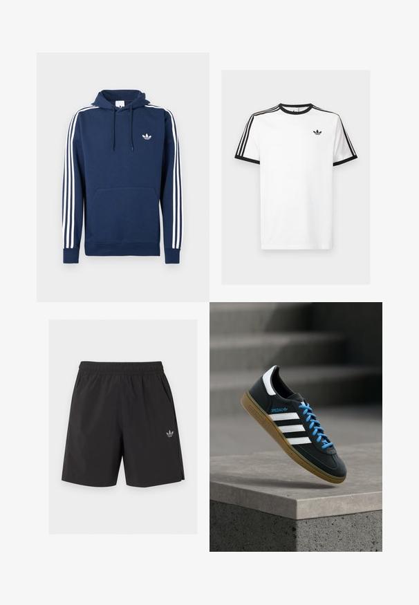 Sweat à capuche bleu marine avec un design blanc à trois bandes sur les manches, une poche kangourou à l'avant, et un petit logo de marque blanc sur la poitrine.; T-shirt en coton blanc avec un col et des manches ribbés noirs, comportant trois rayures noires sur chaque épaule et un petit logo sur la poitrine.; Short de sport noir à taille élastique avec poches latérales et petit logo Adidas sur la jambe gauche.; Baskets Adidas noires avec des rayures blanches, des lacets bleus et une semelle en gomme flottant au-dessus d'une marche en béton grise sous une lumière douce.