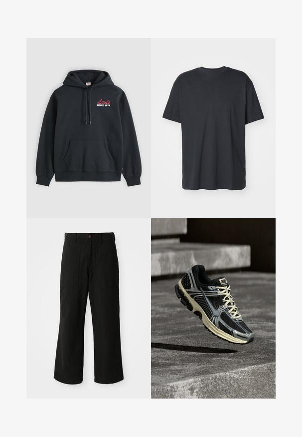 Schwarzer Hoodie mit Fronttasche und Kordeln, mit rotem und weißem "Levi's Since 1873" Logo auf der linken Brustseite.; Schwarzes Baumwoll-T-Shirt mit kurzen Ärmeln, rundem Ausschnitt, lockerer Passform und glatter Textur. Keine sichtbaren Muster oder zusätzlichen Details.; Schwarze weit geschnittene Hose aus weichem Stoff, mit Fronttaschen und einem Knopfverschluss an der Taille. Minimalistisches Design ohne sichtbare Muster.; Schwarz-grauer Nike-Laufschuh mit cremefarbenen Schnürsenkeln, der über einer strukturierten Betonoberfläche schwebt.
