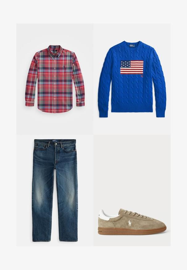 Blå kabelstrikket sweater med stort, strikket amerikansk flagdesign på forsiden samt ribstrikkede manchetter og kant. Brandlogo er til stede.; Langærmet ternet skjorte i rød, blå og grøn med knap-ned krave, brystlomme og logo broderi på venstre side.; Indigo blå denimjeans med straight-leg design, fem-lomme stil og subtil falmning på lårene. Metallknap og lynlås lukning.; Suedesneakers i tan med hvide detaljer, rund tå og snørebåndsdesign. Har præget logo og gummisål for bedre greb.