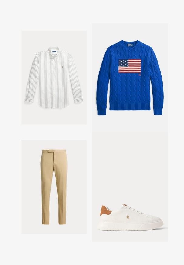 Blå kabelstrikket sweater med stort, strikket amerikansk flagdesign på forsiden samt ribstrikkede manchetter og kant. Brandlogo er til stede.; Hvid langærmet skjorte med knapper og tynde lodrette blå striber samt lille broderet logo på venstre bryst.; Beige tætsiddende bukser med frontbøjle, bæltestropper og skjult frontlukning på en ensfarvet lys baggrund.; Hvid lavtop sneaker med tan hælfane, hvide snørebånd og lille broderet polo-spiller logo på siden over en tyk sål.