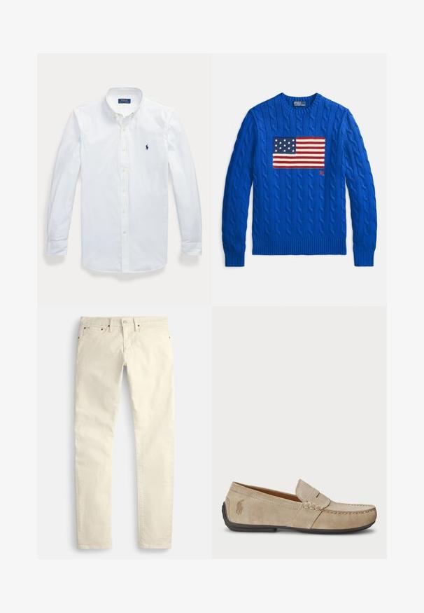 Blå kabelstrikket sweater med stort, strikket amerikansk flagdesign på forsiden samt ribstrikkede manchetter og kant. Brandlogo er til stede.; Hvid langærmet skjorte med knapper og krave, Polo Ralph Lauren-logo broderet på venstre bryst.; Lysebeige bukser med lige ben lavet af et struktureret stof. Har fem lommer og brune metaldele. Ingen synlige mønstre eller accenter.; Beige ruskindsloafers med syninger, flad gummisål og et lille logo på siden. Klassisk slip-on design, blød tekstur.
