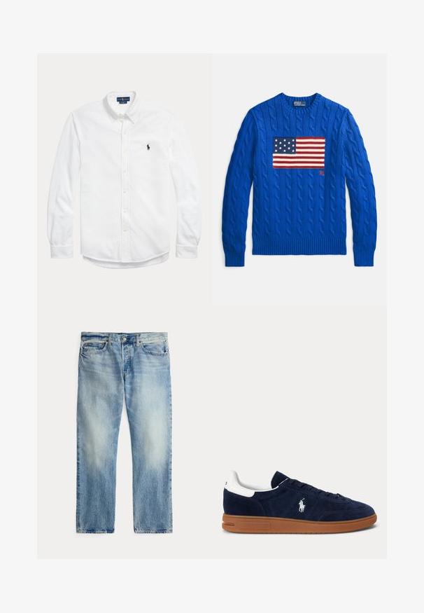 Blauer Strickpullover mit Kabelmuster, der auf der Vorderseite ein großes, gestricktes amerikanisches Flaggen-Design sowie gerippte Bündchen und Saum aufweist. Markenlogo vorhanden.; Weißes langärmliges Hemd mit Knopfleiste, Button-down-Kragen und kleinem dunklem Polo Ralph Lauren Logo auf der linken Brust.; Hellblaue gerade geschnittene Jeans aus Denim mit Vordertaschen und Knopfleiste, flach auf weißem Hintergrund liegend.; Marineblaue Wildleder-Sneaker mit weißem Fersenlasche, besticktem Logo an der Seite, brauner Gummisohle und schwarzen Schnürsenkeln.