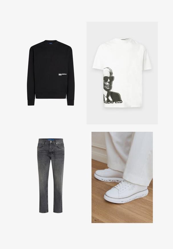 Čierna mikina so širkou na krk, rebrovanými manžetami a lemom; na prednej spodnej ľavej časti sa nachádza biele logo "Karl Lagerfeld Jeans". Jemná textúra.; Biele tričko s krátkym rukávom s čiernou grafikou muža v slnečných okuliaroch a obleku, ktorá je potlačená na dolnej ľavej strane nad čiastočným textom.; Sivé denimové džínsy so rovného strihu, dizajnom s piatimi vreckami a jemným vyblednutím. Obsahujú zapínanie na gombík a zips a kontrastné šitie.; Biele nízke tenisky s unikátnymi vyrezávanými podrážkami nosené so svetlými nohavicami na drevenej podlahe.