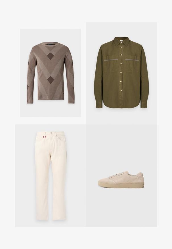 Pull beige à manches longues en maille avec des motifs géométriques en V et losange marron foncé sur le devant et les manches, col rond.; Chemise boutonnée vert olive, manches longues, deux poches poitrine avec détails à carreaux, et une texture en coton doux avec un col classique.; Pantalon beige à jambe droite avec cinq poches, passants pour ceinture, fermeture par bouton et un porte-clés rouge attaché à la poche avant gauche.; Baskets en daim beige avec un bout rond, des lacets plats et une semelle en caoutchouc texturé. Design minimaliste avec des bords lisses et des coutures discrètes.
