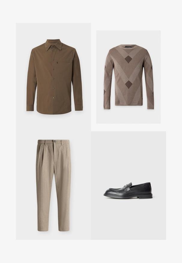 Pull beige à manches longues en maille avec des motifs géométriques en V et losange marron foncé sur le devant et les manches, col rond.; Chemise marron à manches longues avec un col classique, des boutons-pression sur le devant, et une poche poitrine zippée sur le côté gauche.; Pantalon beige à fines rayures avec plis, passants de ceinture, fermeture bouton et jambes fuselées sur fond uni.; Mocassins en cuir noir avec une finition texturée, dotés d'une bride décorative à l'avant et d'un bout arrondi. Semelle en caoutchouc pour plus de durabilité.