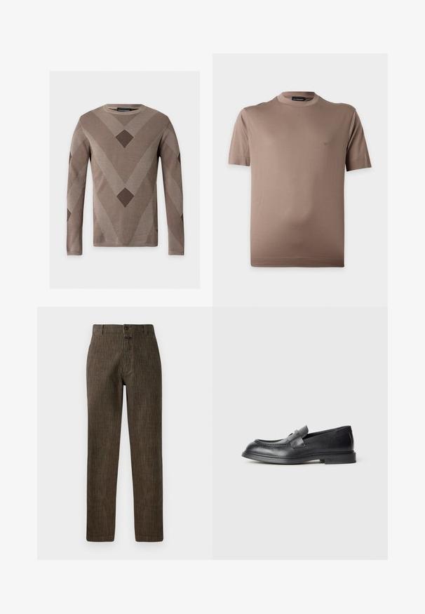Pull beige à manches longues en maille avec des motifs géométriques en V et losange marron foncé sur le devant et les manches, col rond.; T-shirt marron à manches courtes avec col rond et petit logo sur la poitrine gauche, présenté sur fond blanc.; Pantalons en velours côtelé marron avec des rayures verticales, une coupe droite et une fermeture à bouton à l'avant. Texture lisse avec un design classique.; Mocassins en cuir noir avec une finition texturée, dotés d'une bride décorative à l'avant et d'un bout arrondi. Semelle en caoutchouc pour plus de durabilité.