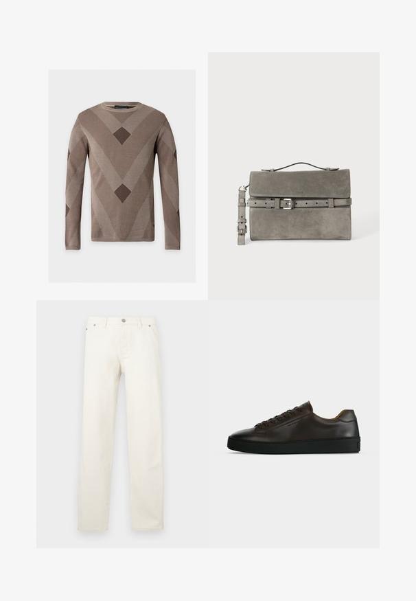 Pull beige à manches longues en maille avec des motifs géométriques en V et losange marron foncé sur le devant et les manches, col rond.; Jean blanc à jambe droite en denim, doté d'une braguette à boutons, de passants pour ceinture et de cinq poches. Le tissu présente une texture lisse.; Baskets basses en cuir marron foncé avec semelle en caoutchouc noire, lacets à l'avant et design minimaliste épuré sur fond clair.; Pochette rectangulaire en daim gris avec poignée supérieure, bandoulière détachable et détail de ceinture à boucle argentée sur le rabat avant.