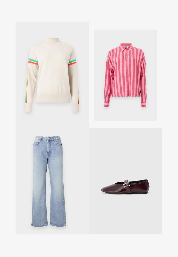 Kremfarvet sweater med høj hals og flerfarvede stribede accenter i blå, pink, grøn og gul langs ærmerne.; Langærmet skjorte med knapper, vertikale pink og røde striber, krave og manchetter med knapper, vist på en ensfarvet baggrund.; Lyseblå vide jeans lavet af denim, med høj talje, fem lommer og en kant med subtilt slid.; Bordeaux læder ballerina sko med spidse tæer, flad sål og en dekorativ spænde-strop over vristen. Glat, blank tekstur.