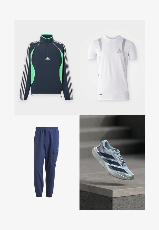 Marineblauer Pullover mit Viertelreißverschluss, leuchtend grünen Akzenten und weißen, gestreiften Ärmeln. Mit elastischen Bündchen und verstellbarem Saum.; Weißes athletic Shirt mit kurzen Ärmeln und silbernen Akzenten, runder Ausschnitt und einem Adidas-Logo auf der Brust. Hergestellt aus feuchtigkeitsableitendem Stoff.; Marineblaue Sporthosen mit elastischem Bund, Seitentaschen und einer Cargotasche am linken Bein, sowie einem dezenten Logo-Detail.; Hellblauer und silberner Laufschuh mit dunkelblauen Streifen schwebt über einer Betonkante mit verschwommenen Stufen im Hintergrund.