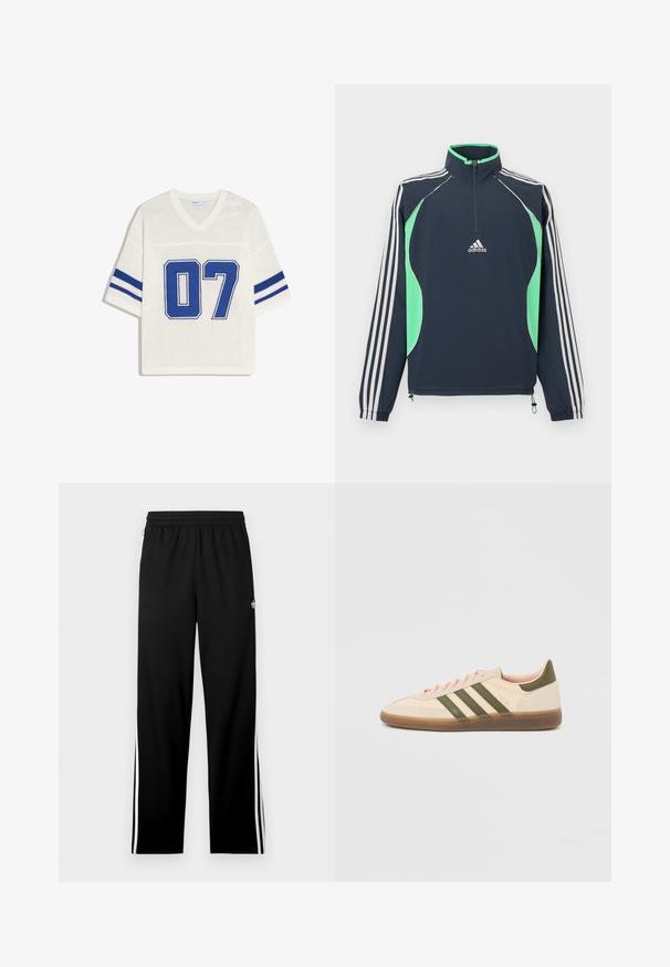 Veste à enfiler bleu marine avec une fermeture éclair quart, des accents vert vif et des manches rayées blanches. Comprend des poignets élastiques et un ourlet à cordon de serrage.; Haut en maille à manches courtes blanches avec col en V, doubles rayures bleues sur les manches et grand numéro "07" bleu sur le devant.; Pantalon de sport noir en tissu mesh, avec une coupe droite, une taille élastique et des bandes blanches sur les côtés. Logo sportif affiché.; Baskets beige discrètes Adidas Spezial avec des bandes vertes, une semelle en caoutchouc et le logo "SPEZIAL" sur le côté, vues de l'extérieur.