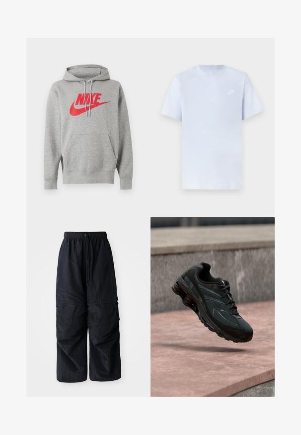 Hall kapuutsiga pusa esitasku ning punase "NIKE" logoga ja sümptomiga rinnal, kujutatud valgel taustal.; Hele sinine puuvillane t-särk lühikeste varrukatega, ümar kaelus ja valge Nike logo trükituna vasakul rinnal. Sile tekstuur, lihtne disain.; Mustad must have elastse pahklpüksid reguleeritava paelaga ja mitme kihilise taskuga jalgadel.; Must sportlik toss nähtava õhkpadi keskmise tallaga, hõljudes roosa kivipinna kohal, mille taustal on hall kivimüür.