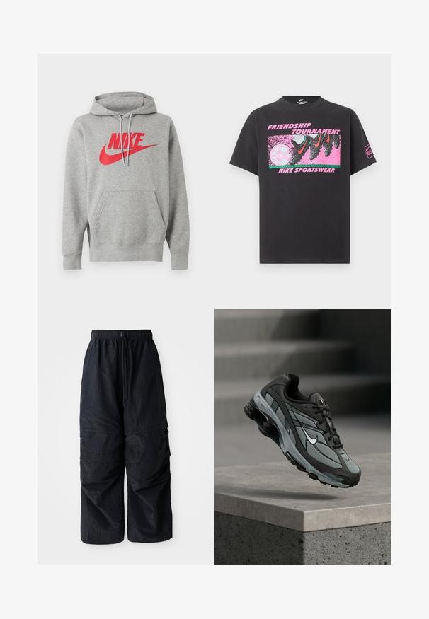 Šedá mikina s kapucňou s predným vreckom a červeným logom „NIKE“ a znamienkom na hrudníku, zobrazená na bielom pozadí.; Čierne tričko Nike s ružovou grafikou kopačiek kopajúcich futbalovú loptu, textom "Friendship Tournament" a "Nike Sportswear" na prednej strane.; Čierne ľahké nylonové cargo nohavice s elastickým pásom, nastaviteľnou šnúrkou a viacerými vrstvovými vreckami na nohách.; Šedá a čierna športová teniska s panelmi z sieťoviny a hrubou podrážkou, umiestnená vo vzduchu nad betónovým obrubníkom a schodmi v pozadí.