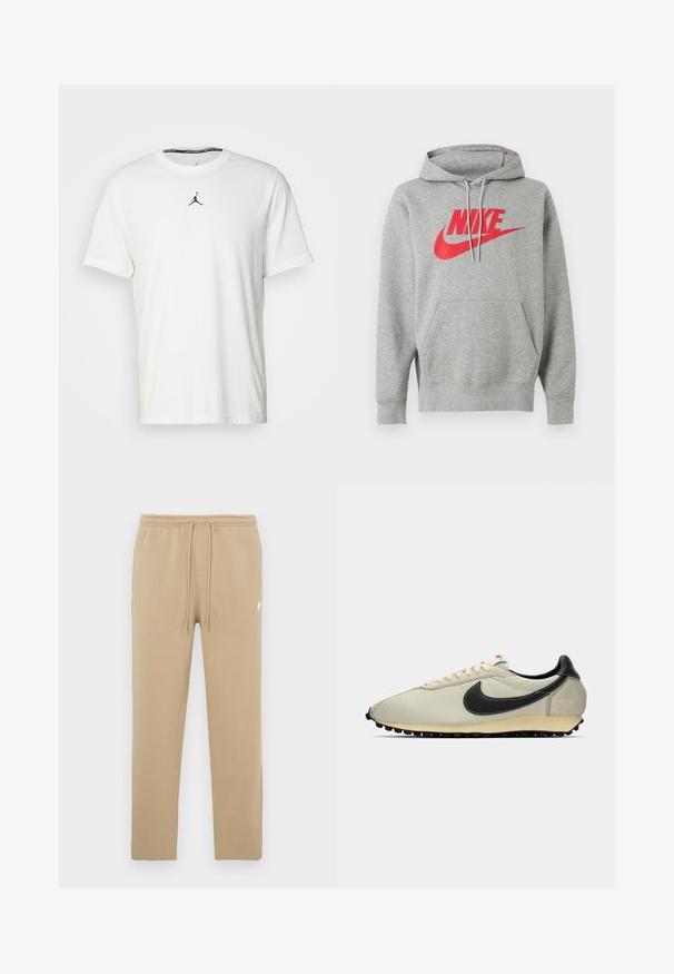 Šedá mikina s kapucňou s predným vreckom a červeným logom „NIKE“ a znamienkom na hrudníku, zobrazená na bielom pozadí.; Biely tričko s krátkymi rukávmi vyrobené z bavlny, so siluetou čierneho Jumpman loga na hrudi a okrúhlym výstrihom s čiernou vnútornou etiketou.; Béžové tepláky s elastickým pásom a sťahovacími šnúrkami, s malým bielym logom Nike na hornej ľavej stehne.; Beige plátené tenisky s čiernymi koženými akcentmi, zaoblenou špičkou, plochou čiernou podrážkou a bielymi šnúrkami. Obsahujú výrazné čierne logo.