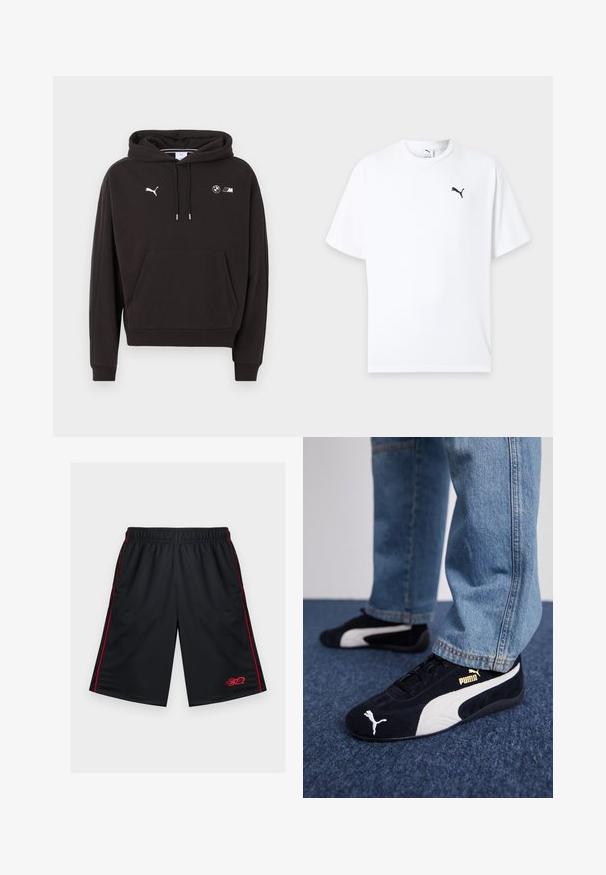 Sweat à capuche noir avec poche avant, capuche à cordon, logo Puma sur la poitrine gauche et logos BMW M sur la poitrine droite.; T-shirt blanc à manches courtes col rond avec un petit logo Puma noir sur la poitrine gauche sur un fond clair.; Shorts de sport en mesh noir avec des bandes rouges sur les côtés et un motif de flamme rouge près de l'ourlet inférieur, ceinture élastique, poches latérales zippées.; Baskets en daim noir avec accents blancs, arborant un logo doré. Portées avec un jean en denim bleu clair et posées sur une surface bleue texturée.