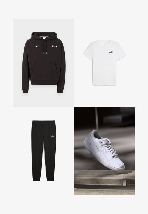 Sort hættetrøje med frontlomme, snørede hætte, Puma-logo på venstre bryst og BMW M-logoer på højre bryst.; Hvid t-shirt med korte ærmer lavet af blødt stof med et lille sort Puma-logo på brystet. Klassisk rund halsdesign, lige snit.; Sorte sweatpants lavet af blødt stof, med en elastisk talje, sidelommer og et hvidt Puma-logo på venstre side.; Hvide atletiske sneakers med snørebånd hængende over en betonbænk i en svagt oplyst indendørs setting.