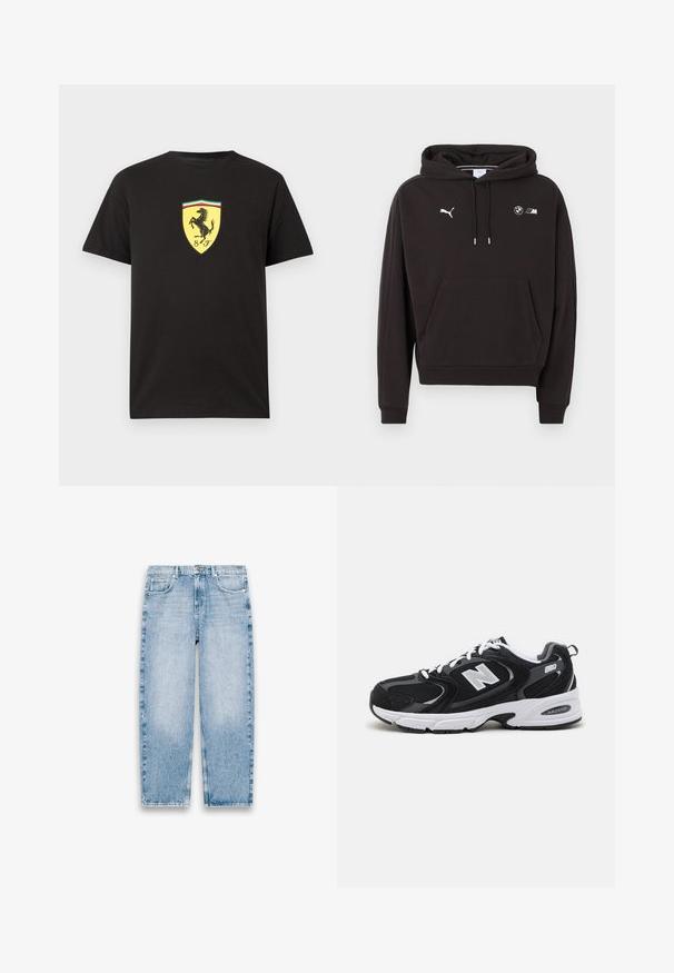 Sweat à capuche noir avec poche avant, capuche à cordon, logo Puma sur la poitrine gauche et logos BMW M sur la poitrine droite.; T-shirt noir à manches courtes avec un logo écusson Ferrari jaune présentant un cheval cabré noir et des bandes vertes, blanches et rouges en haut au centre.; Jean en denim bleu clair à coupe droite avec cinq poches, passants pour ceinture, fermeture avant par bouton et zip sur fond blanc.; Baskets de sport noires et grises avec un tige en mesh et en suède, présentant une semelle intermédiaire blanche, des lacets et un logo "N" audacieux sur le côté.