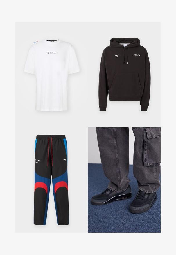 Must kapuutsiga dressipluus esiosa taskuga, nööriga kapuuts, Puma logo vasakul rinnal ja BMW M logod paremal rinnal.; Valge puuvillane T-särk lühikeste varrukatega, millel on väike must "BMW Motorsport" logo ja värvilised aktsendid õlgadel.; Mustad, sinised ja punased BMW Motorsport Puma jooksupüksid elastse vöökohaga, punaste nöörsidemetega ja logodega reite ülaosas.; Mustad mustrennijalats, millel on tekstuuriga pind, silejad aktsentid ja paks tald, koos tumedate, lahtiste cargo-pükstega.