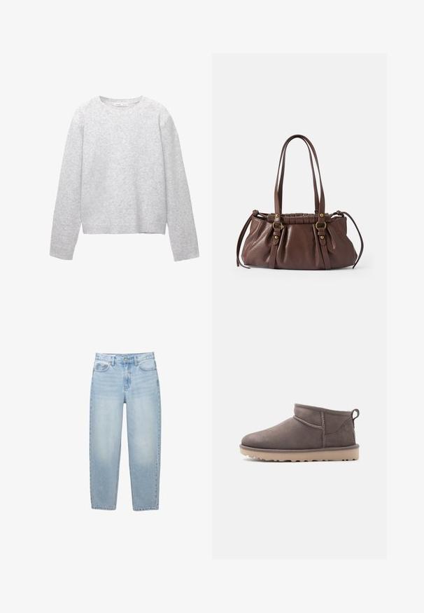 Lysegrå strikket langærmet sweater med ribbet manchetter, kant og rund hals, lagt fladt på en hvid baggrund.; Lyseblå jeans med høj talje og lige ben med forreste knap, lynlås lukning, bæltestropper og fem-lomme-design på hvid baggrund.; Lav brun ruskindssko med lav ankelhøjde, slidstærk sål og træksnor på en ensartet baggrund.; Brun læderhåndtaske med to lange håndtag, samlet design, aksenter i guldtonet metal og en tekstureret overflade.