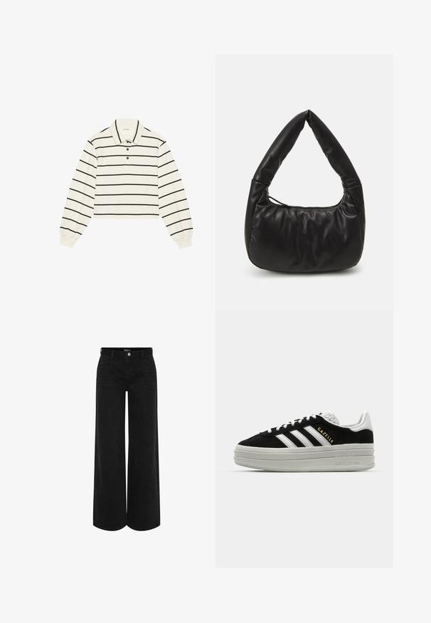 Even&Odd by Zalando Sudadera - offwhite; Pantalones de mezclilla negros de pierna ancha con cintura alta, que cuentan con un cierre frontal con botón, dos bolsillos laterales y un diseño clásico de cinco bolsillos.; Zapatillas negras de ante con detalles en cuero blanco, tres rayas blancas, cordones planos y una gruesa suela de plataforma gris. Marca "Gazelle" en dorado.; Bolso de hombro de cuero negro con un diseño holgado, que presenta un asa anudada distintiva y un cierre con cremallera. Textura suave en toda la superficie.