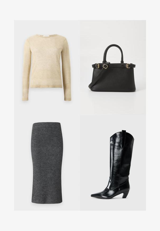 Beige langærmet sweater med rund hals, ribbede manchetter og kant, lavet af blødt strikket stof, præsenteret på hvid baggrund.; Grå ribbet blyantskørt med en tætsiddende facon, høj talje og glat tekstur. Designet til en strømlinet silhuet.; Sorte læderknæhøje støvler med spids tå, lav hæl og dekorative syninger på siderne. Glat, blank overflade.; Call it Spring Håndtasker - black