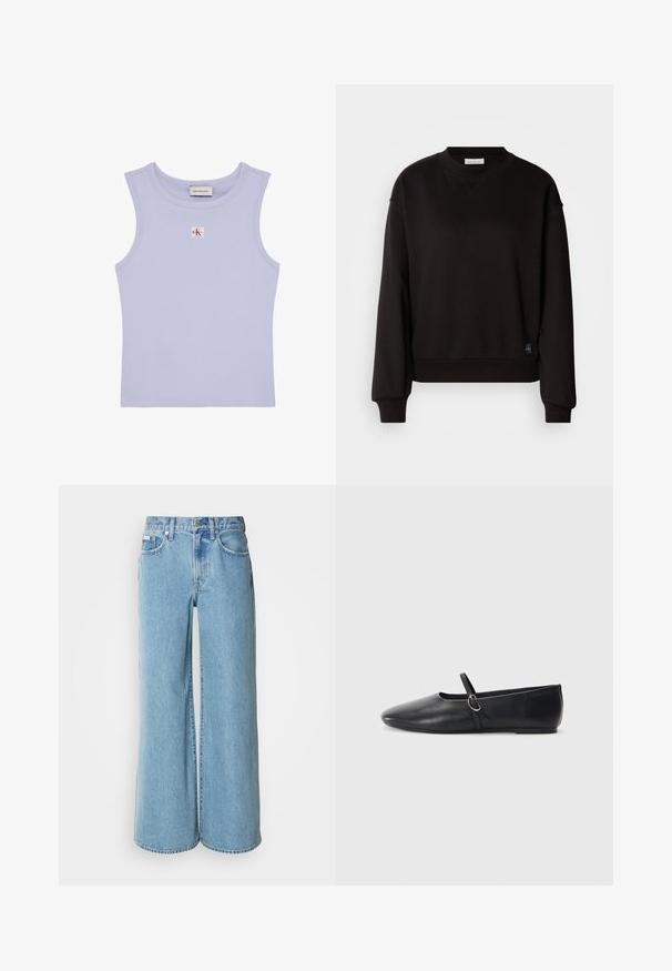 Sweatshirt noir en tissu doux, avec un col rond, des manches longues et des poignets côtelés. Présente une petite étiquette logo à l'ourlet.; Crop top lilas côtelé sans manches avec encolure ronde et petit patch logo Calvin Klein rouge et blanc sur la poitrine.; Jean large bleu clair en denim, avec une taille haute, un design à cinq poches et un léger dégradé sur le tissu.; Ballerines noires en cuir avec un bout pointu, une semelle plate et une petite sangle avec un détail de boucle en argent.