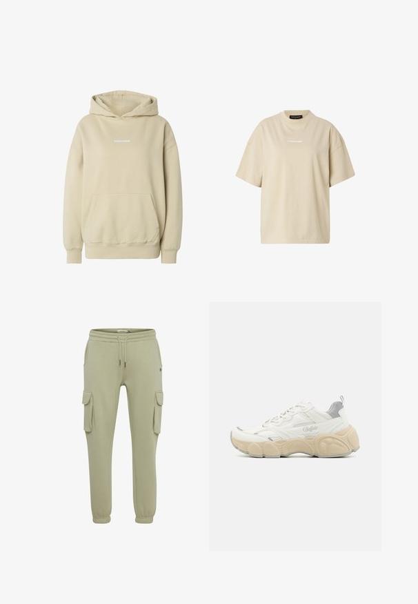 Beige hoodie met een kangoeroezak aan de voorkant, geribbelde manchetten en zoom, en een klein wit "PEBAGOR" logo in het midden van de borst.; Beige oversized T-shirt met korte mouwen, ronde hals en een klein wit "REGARD" logo in het midden van de borst.; Lichtgroene cargobroeken van zacht stof, met zijzakken, elastische manchetten en een koordje in de taille voor een verstelbare pasvorm.; Witte sneaker met een bovenwerk van mesh en glad leer, met een gevoerde kraag, een gemêleerde rubberen zool en subtiele metallic accenten.