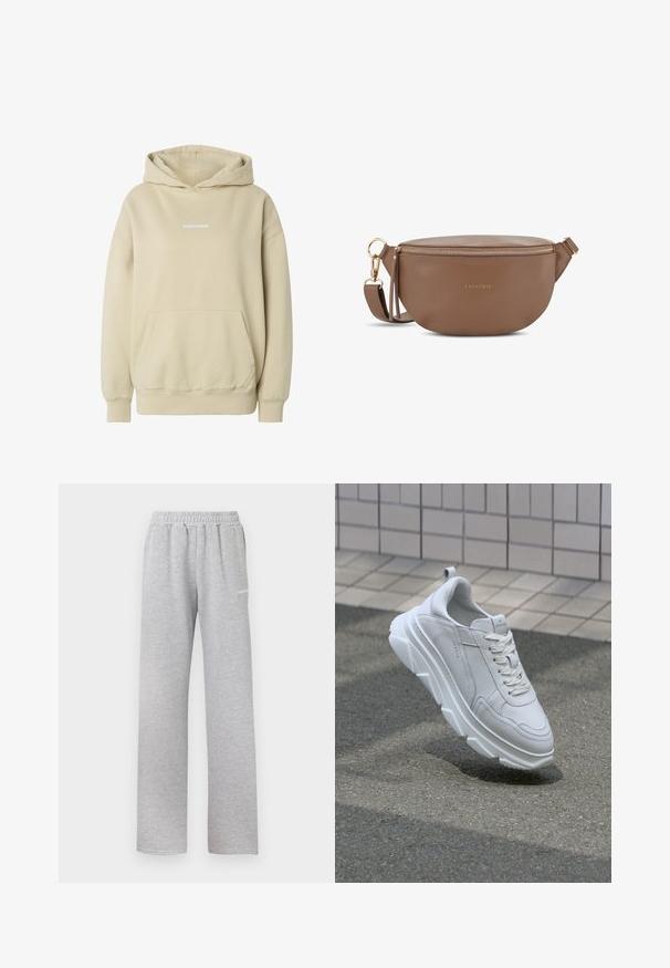 Beige hættetrøje med front-kængurulomme, ribkanter ved ærmer og kant samt lille hvid "PEBAGOR"-logo centreret på brystet.; Lys grå sweatpants med elastisk talje, lige ben design og et lille hvidt logo på venstre lår. Blødt, tekstureret stof.; Hvide lædersneakers med en tyk, tekstureret gummisål, der har snørebåndslukning og syninger. Rund tå og design med ankelstøtte.; Brun læder crossover taske med lynlås på toppen, guldbeslag og en glat finish. Har et præget logo og justerbar rem.