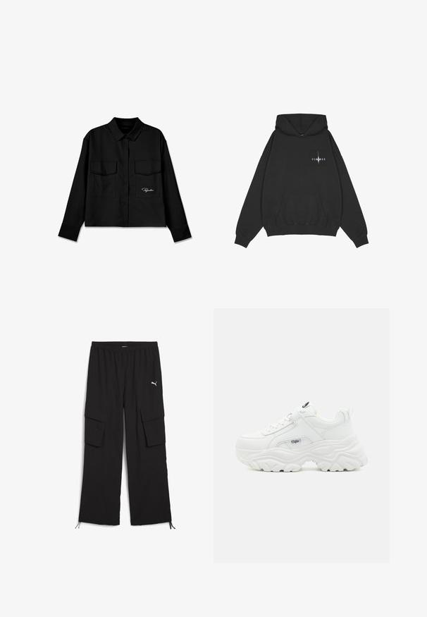 Pegador Hættetrøje - washed black; Sort cropped skjorte med spidse krave, dobbelt brystlommer, knaplukning foran og broderet logo på venstre side. Glat stoftekstur.; Svarte cargo-bukser med bred ben-design, elastisk talje, to sidelommer og snoretræk ved kanten. Har et lille hvidt logo.; Hvide chunky sneakers med en glat læderoverdel, rund tå og tyk tekstureret sål med et synligt brandlogo på siden.