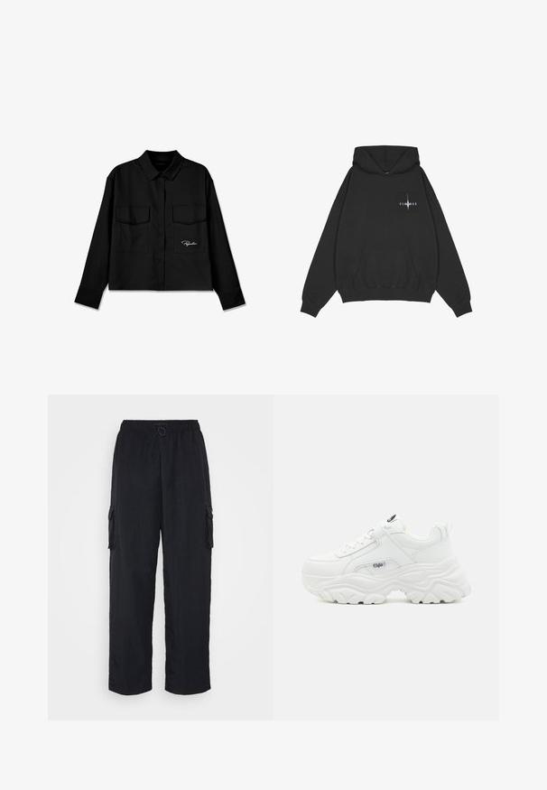 Pegador Jersey con capucha - washed black; Camisa negra corta con cuello puntiagudo, doble bolsillo en el pecho, botones al frente y logo bordado en el lado izquierdo. Textura de tela suave.; Nike Sportswear ESSNTL - Pantalones cargo - black; Zapatillas blancas voluminosas con parte superior de piel lisa, punta redonda y suela gruesa texturizada con un logo de la marca visible en el lateral.
