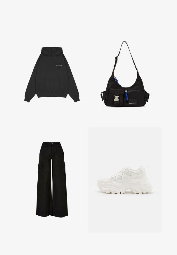 Pegador Hoodie - washed black; Zwarte wijde cargo-broek met hoge taille, knoop aan de voorkant, rits, riemlussen en klepzakken op beide dijen.; Witte chunky sneakers met een textuur bovenwerk, meshpanelen en dikke rubberen zolen met een uitgesproken profiel. Inclusief veters en een aantreklip.; Zwarte nylon schoudertas met een gebogen vorm, verstelbare schouderriem, voorvak met sluiting, blauwe accenten en logo-detail.
