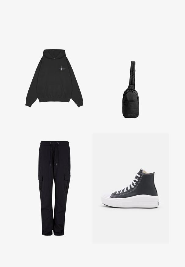 Pegador Φούτερ με κουκούλα - washed black; Μαύρο παντελόνι cargo φτιαγμένο από μαλακό ύφασμα, με ελαστική μέση και κορδόνια, καθώς και πλαϊνές τσέπες. Σχεδίαση ίσιας γραμμής.; Μαύρο ψηλό αθλητικό παπούτσι με λευκές κορδόνες και καουτσούκ σόλα. Διαθέτει λεία υφή δέρματος και λευκές ραφές ως λεπτομέρεια.; Μαύρη τσάντα sling κατασκευασμένη από υφασμάτινη υφή, με έναν μόνο επενδεδυμένο ιμάντα, μπροστινή τσέπη με φερμουάρ και λογότυπο στη βάση.