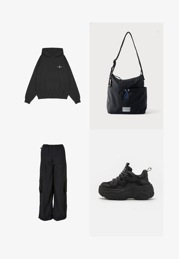 Pegador Φούτερ με κουκούλα - washed black; Μαύρο παντελόνι cargo με φαρδιά πόδια, ελαστική μέση, πλαϊνές τσέπες με καπάκι και ρυθμιζόμενα κορδόνια στη μέση και στο τελείωμα.; Μαύρο αθλητικό παπούτσι με χοντρή σχεδίαση, διαθέτοντας υφή άνω μέρος, πλέγματες πλάκες και παχύ λάστιχο σόλα. Ορατά ανακλαστικά κορδόνια και λεπτομέρειες μάρκας.; Μαύρη υφασμάτινη τσάντα ώμου με ρυθμιζόμενο λουρί, μπροστινή τσέπη με μπλε κορδόνι και μικρό ορθογώνιο λογότυπο στη βάση.