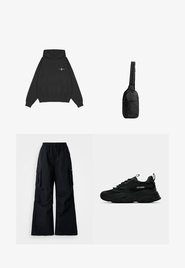 Pegador Φούτερ με κουκούλα - washed black; Μαύρο cargo παντελόνι με φαρδιές γραμμές, ελαστική μέση, ρυθμιζόμενο κορδόνι και δύο πλαϊνές τσέπες. Φτιαγμένο από λείο, ελαφρύ ύφασμα.; Μαύρα chunky sneakers Steve Madden με πλέγμα, παχιά σόλα, λωρίδες για άνοιγμα στην γλώσσα και τη φτέρνα, γραφή λογότυπου στο πλάι, εμφανίζεται σε προφίλ.; Μαύρη τσάντα sling κατασκευασμένη από υφασμάτινη υφή, με έναν μόνο επενδεδυμένο ιμάντα, μπροστινή τσέπη με φερμουάρ και λογότυπο στη βάση.