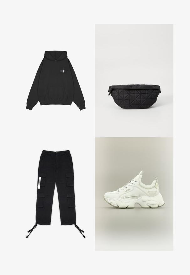 Pegador Φούτερ με κουκούλα - washed black; Pegador TANAMI WIDE PANTS - Παντελόνι cargo - black; Λευκό chunky αθλητικό παπούτσι με χοντρή υφή σόλας, άνω μέρος από δίχτυ και δέρμα, κλείσιμο με κορδόνια και θηλιές στο γλώσσα και τη φτέρνα.; Μαύρη τσάντα με πλισέ σχέδιο που διαθέτει μαλακή, επενδεδυμένη υφή και γωνιώδες σχέδιο διαμαντιών, με καμπύλη σιλουέτα και φερμουάρ.