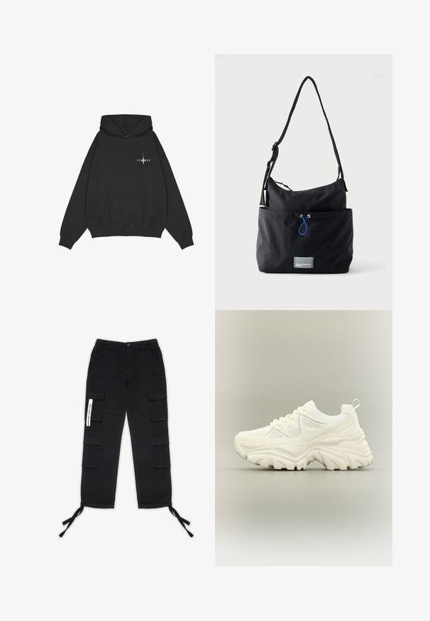 Pegador Φούτερ με κουκούλα - washed black; Pegador TANAMI WIDE PANTS - Παντελόνι cargo - black; Λευκό chunky αθλητικό παπούτσι με παχύ υφασμάτινο πέλμα, πάνελ από δίχτυ, κορδόνια μπροστά και θηλιά στο πίσω μέρος σε ουδέτερο φόντο.; Μαύρη υφασμάτινη τσάντα ώμου με ρυθμιζόμενο λουρί, μπροστινή τσέπη με μπλε κορδόνι και μικρό ορθογώνιο λογότυπο στη βάση.