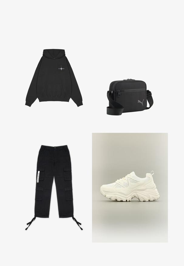 Pegador Hoodie - washed black; Pegador TANAMI WIDE PANTS - Cargobroek - black; Witte chunky sneaker met dikke textuurrijke zool, mesh panelen, veters aan de voorkant en een treklipje aan de hiel op een neutrale achtergrond.; Zwarte rechthoekige crossbodytas met ritssluiting aan de voorkant en verstelbare band, met een klein Puma-logo aan de voorkant.