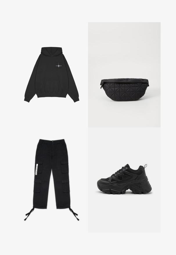 Pegador Kapuzenpullover - washed black; Pegador TANAMI WIDE PANTS - Cargohose - black; Schwarze Sportschuhe mit einem strukturierten Mesh-Obermaterial, einer gewölbten Gummisohle und einem auffälligen Profilmuster. Mit integriertem Schnürsystem und Zuglasche.; Schwarze, gesteppte Tasche mit weichem, gepolstertem Textur und eckigem Rautenmuster, geschwungener Silhouette und Reißverschluss.