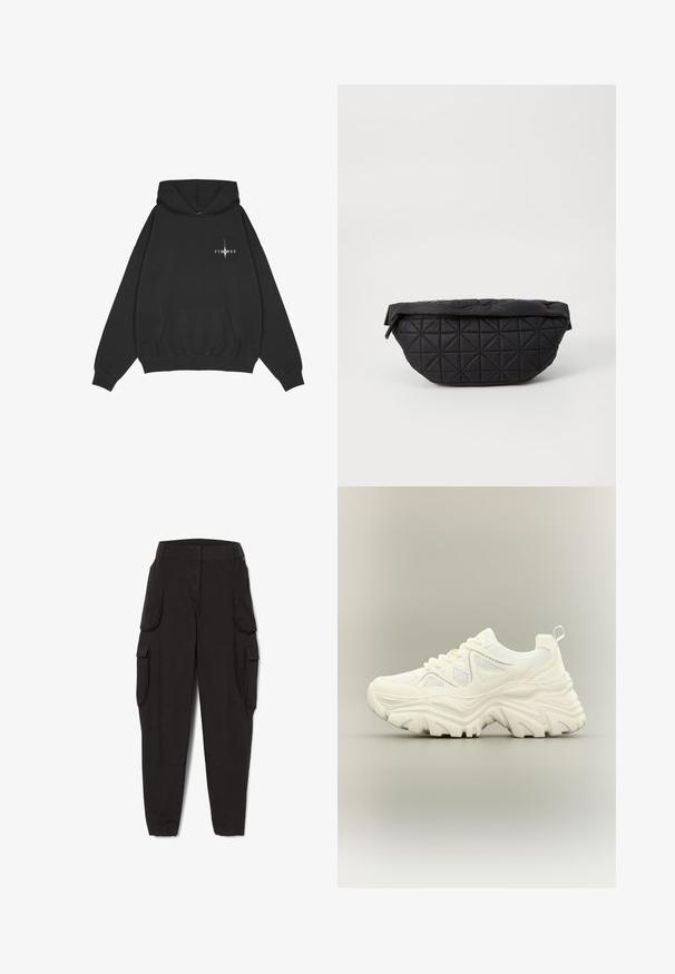 Pegador Hoodie - washed black; Zwarte cargobroek met elastische boorden en meerdere klepzakken aan de zijkanten, ontworpen voor casual of functioneel gebruik.; Witte chunky sneaker met dikke textuurrijke zool, mesh panelen, veters aan de voorkant en een treklipje aan de hiel op een neutrale achtergrond.; Zwarte, gewatteerde tas met een zachte, gewatteerde textuur en een hoekig ruitpatroon, met een gebogen silhouet en ritssluiting.