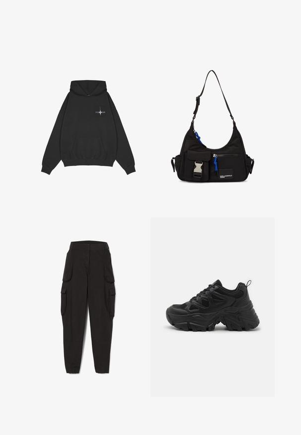 Pegador Kapuzenpullover - washed black; Schwarze Cargohosen mit elastischen Bündchen und mehreren Klappentaschen an den Seiten, entworfen für legere oder praktische Nutzung.; Schwarze Sportschuhe mit einem strukturierten Mesh-Obermaterial, einer gewölbten Gummisohle und einem auffälligen Profilmuster. Mit integriertem Schnürsystem und Zuglasche.; Schwarze Nylon-Schultertasche mit geschwungener Form, verstellbarem Riemen, Fronttasche mit Verschluss, blauen Akzenten und Logodetail.