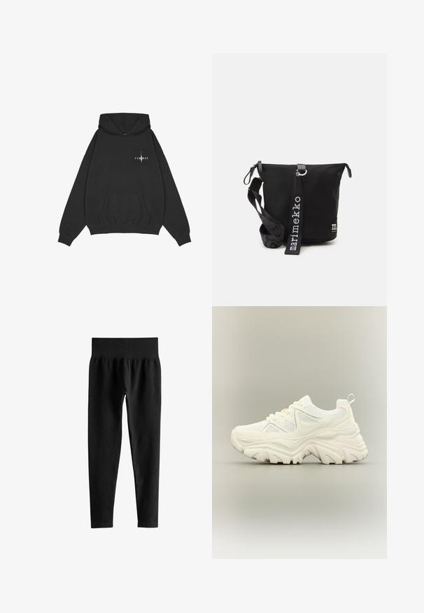Pegador Hoodie - washed black; Zwarte geribde leggings met hoge taille, brede elastische tailleband en volledige smalle pijpen op een witte achtergrond.; Witte chunky sneaker met dikke textuurrijke zool, mesh panelen, veters aan de voorkant en een treklipje aan de hiel op een neutrale achtergrond.; Zwarte nylon schoudertas met een ritssluiting, een gestructureerde schouderband met een patroon en een logolabel aan de voorkant. Inclusief verstelbare schouderband.