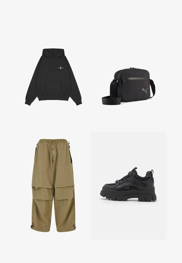 Pegador Hættetrøje - washed black; Beige cargo bukser med elastisk talje, store forlommer og justerbare manchetter. Lavet af letvægtsmateriale med en glat tekstur.; Sorte sneakers med en kraftig sål, der har en blanding af læder og mesh, rund tå og teksturerede detaljer. Snørebåndsdesign og strop bagpå.; Sort skuldertaske i stof med rektangulær form, udstyret med lynlås, tekstureret overflade og en grå broderet logo på den ene side.