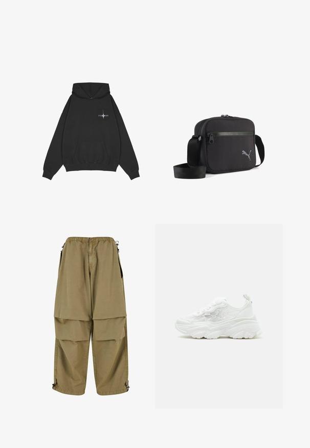 Pegador Jersey con capucha - washed black; Pantalones cargo color caqui con cintura elástica, grandes bolsillos frontales y puños ajustables. Están hechos de una tela ligera con una textura suave.; Zapatilla blanca gruesa con cordones delanteros, paneles laterales de malla floral y suela gruesa y esculpida, vista desde el lado izquierdo sobre un fondo liso.; Bolso de hombro de tela negra con forma rectangular, que cuenta con un cierre de cremallera, superficie texturizada y un logo bordado gris en un lado.