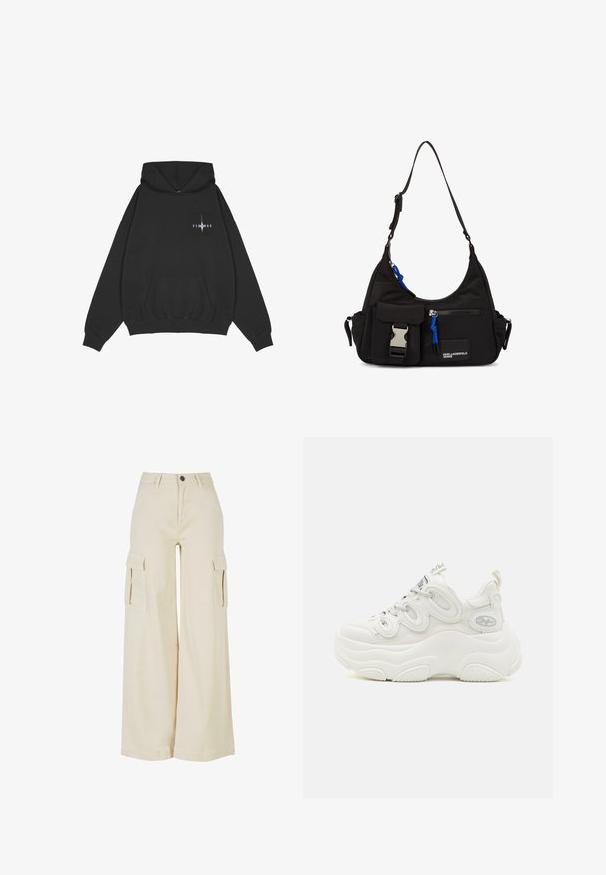 Pegador Jersey con capucha - washed black; Pantalones cargo de pierna ancha color beige, fabricados en algodón, con dos grandes bolsillos laterales, cierre de botón en la parte delantera y un dobladillo limpio.; Zapatillas deportivas blancas y voluminosas que cuentan con una parte superior de malla y sintética, forma curvada, suela texturizada y un sistema de cordones destacado con detalles del logotipo.; Bolso de hombro negro de nylon con forma curvada, correa ajustable, bolsillo frontal con cierre, acento azul y detalle de logo.