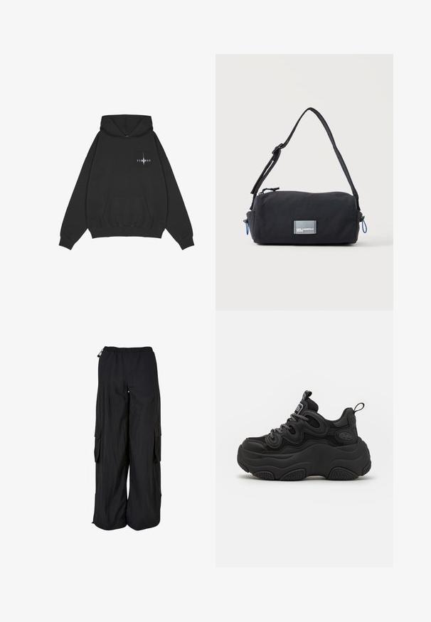 Pegador Hoodie - washed black; Svarte cargobukser med vide ben, elastisk midjebelte, sidelommer med klaff og justerbare snorer i midje og nederst.; Svart sneaker med en kraftig design, som har en teksturert overdel, mesh-paneler og tykk gummisåle. Reflekterende snørebånd og merkevaredetaljer er synlige.; Svart sylindrisk skulderveske med justerbar stropp, blå glidelåstrekkere og frontetikett med påskriften "KARL LAGERFELD JEANS" mot hvit bakgrunn.