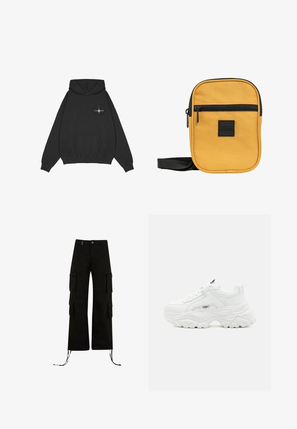Pegador Hættetrøje - washed black; Sorte cargo bukser med en afslappet pasform, der har cargolommer på siderne, snøre i kanten og en knaplukning i taljen.; Hvide chunky sneakers med en glat læderoverdel, rund tå og tyk tekstureret sål med et synligt brandlogo på siden.; Gul stof crossbody taske med en struktureret overflade, frontlomme med lynlås, sort lynlås og justerbar rem. Har et firkantet mærke.